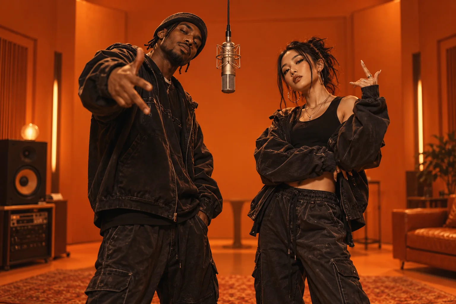 Concept artwork of two fictional adult performers at a microphone in an orange recording studio.
